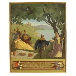 Italian Landscape Painting with Characters, 20th-Century, Oil on Masonite, Framed
