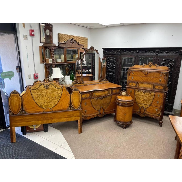Antique 1930's Handcarved Bedroom Headboard, Full Size, Inlay Burlwood For Sale - Image 9 of 9