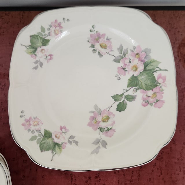 1930s Edwin Knowles “Gloria” Floral Square Luncheon Plates- Set of 6 For Sale - Image 11 of 13