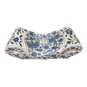 2000s Chinese Art Blue and White Porcelain Pillow With Floral and Phoenix Bird Design