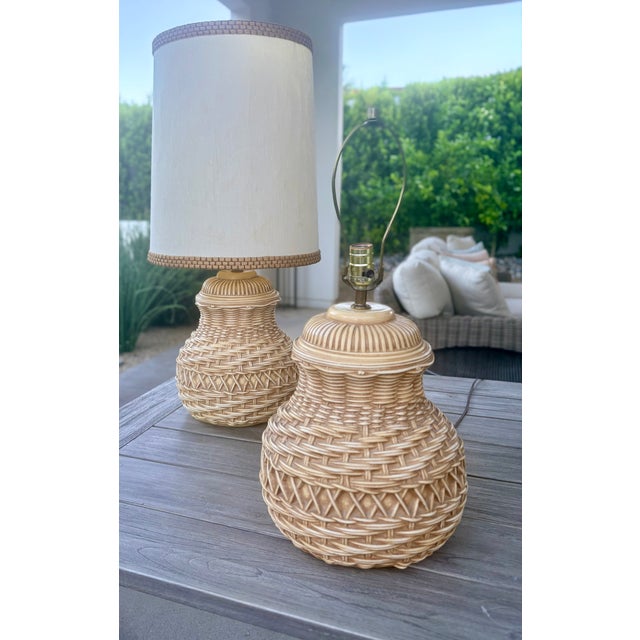 1970's Spanish Ceramic Trompe-l'Oeil Wicker Table Lamps With Matching Shades, a Pair For Sale - Image 4 of 16