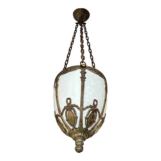 Pendant Light Antique With Opalescent Shade For Sale