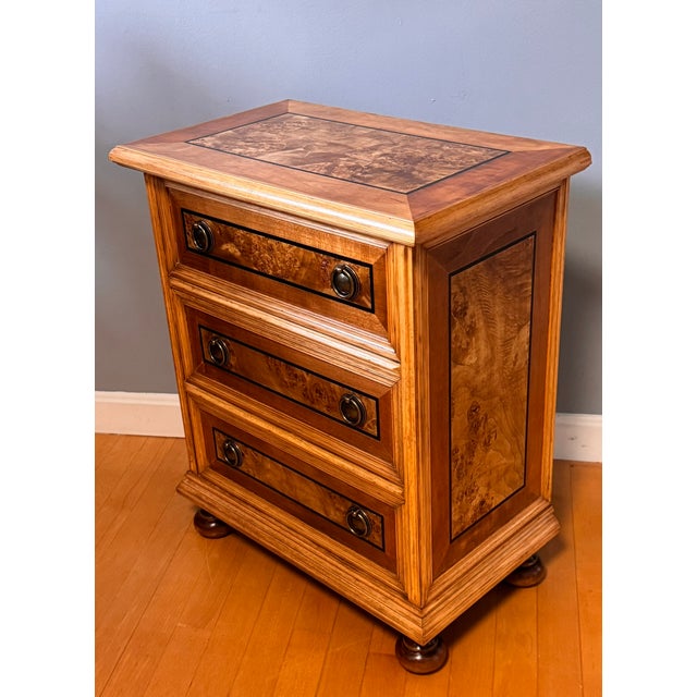 Traditional Vintage Burl Wood Veneer Inlaid Three-Drawer Chest With Bun Feet For Sale - Image 3 of 10
