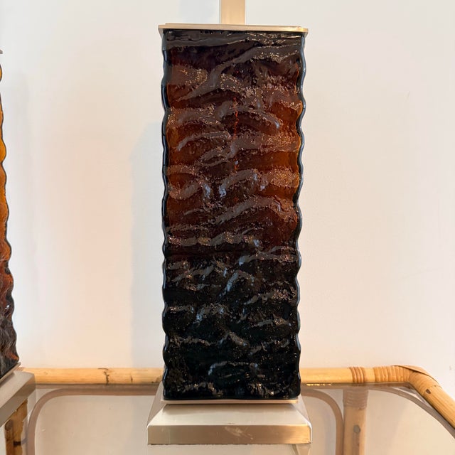 Amber-Brown Textured Wavy Glass Table Lamps in the Mid-Century Modern Taste - A Pair For Sale - Image 4 of 9