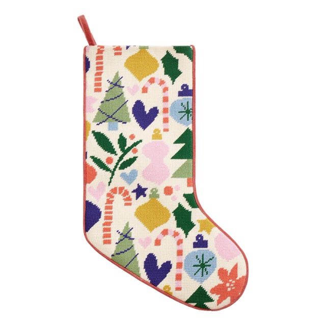 Holiday Icons Embroidered Needlepoint Stocking For Sale