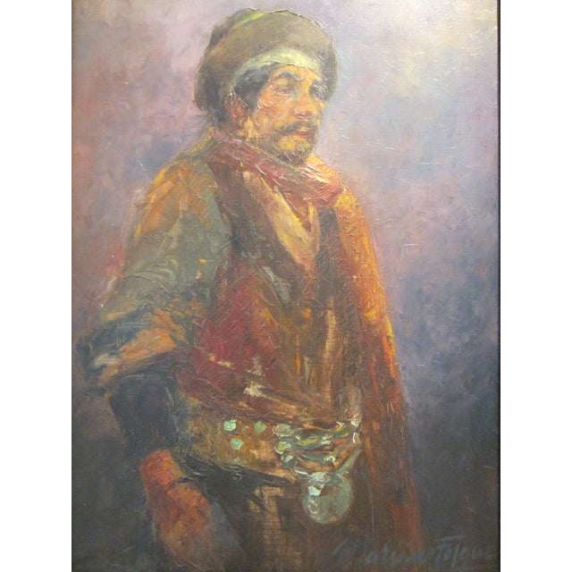 Intriguing art and culture. A portrait of a Tribal man, oil on canvas, wearing folk colorful outfit, and incredibly...
