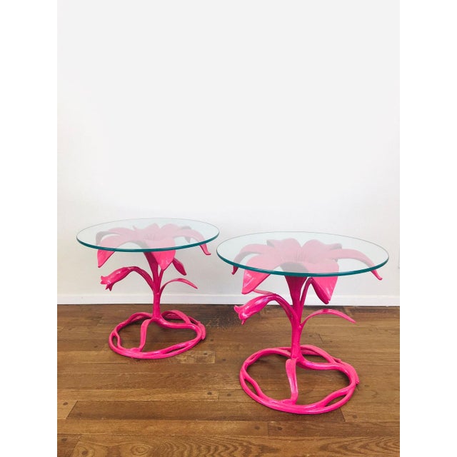 Vintage Arthur Court Style Fuchsia Painted Lily Flower Pair of Side