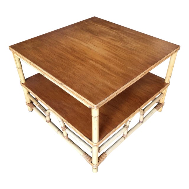 1950s Restored Two-Tier Rattan "Center Horseshoe" Coffee Table W/ Mahogany Top For Sale