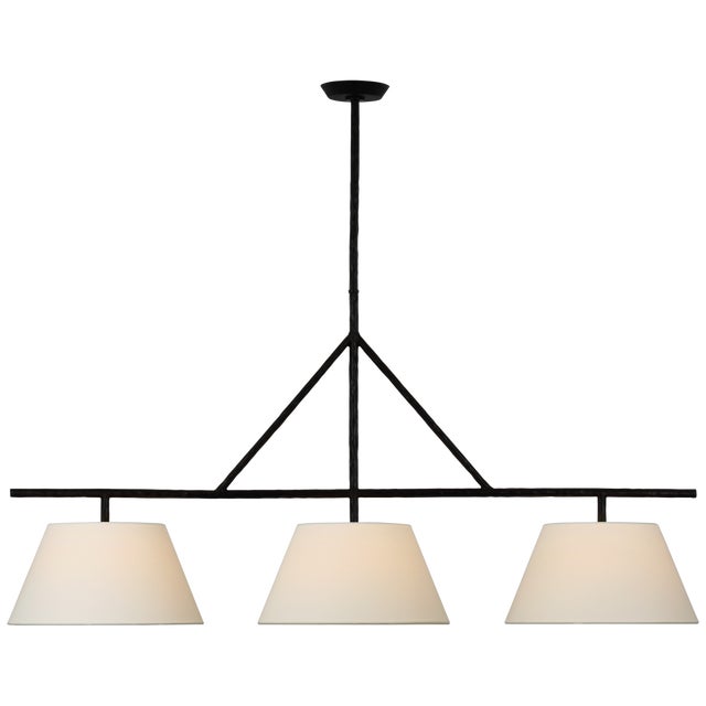 Transitional Suzanne Kasler for Visual Comfort Signature Collette Large Linear Pendant in Aged Iron with Linen Shade For Sale - Image 3 of 5