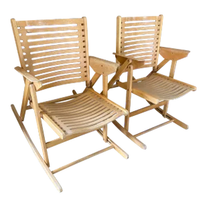 1970s Stol, Rex, Set of Folding, Rocking Lounge Chairs by Niko Kralj, Natural Oak and Beechwood Bent Ply, Designed 1952.