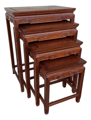 A Very Nice Set of 4 Vintage Chinoiserie Mahogany Nesting Tables, Circa 1960's