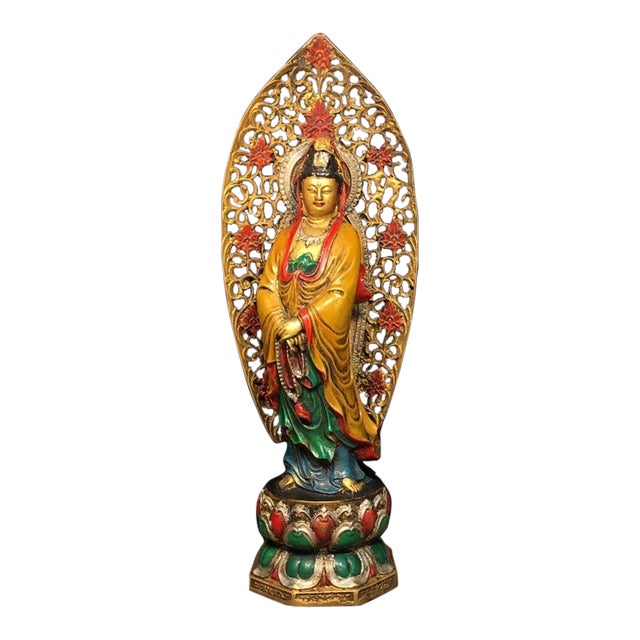 Late 19th Century Polychrome Bronze Guanyin Statue With Aureole, 940g For Sale