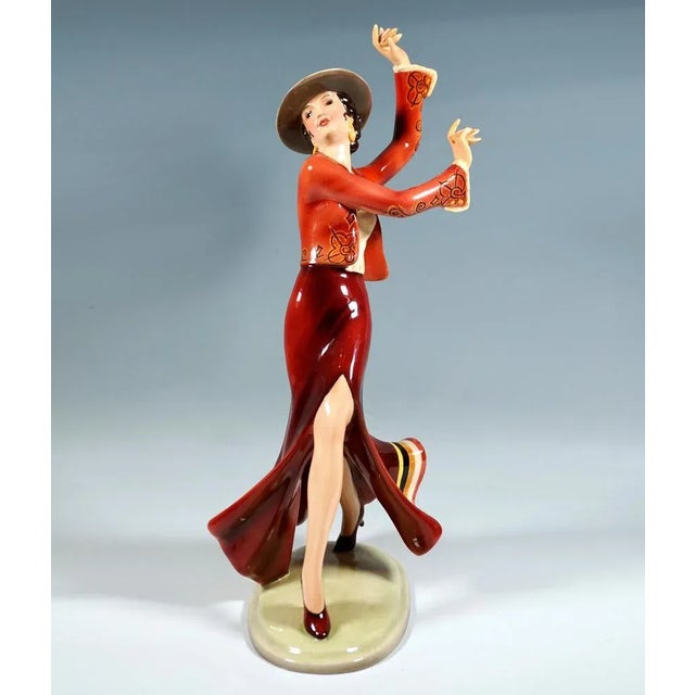 Excellent goldscheider vienna art déco ceramic figurine: dancer in spanish costume: long skirt with slit above the knee...