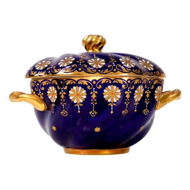 Antique Coalport Jewelled Cobalt Blue Twin-Handled Covered Bowl, 1872 For Sale