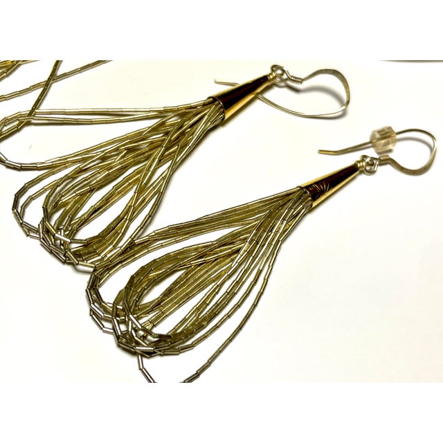 Native American Mid 20th Century Navajo Jewelry Set 30” Gold Tone Liquid Silver Necklace and Earrings, 3 Pieces For Sale - Image 3 of 9
