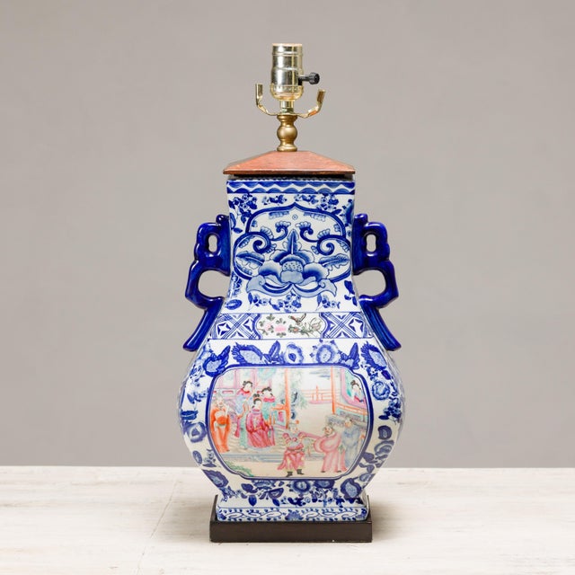 Mid 20th Century Blue and White Porcelain Table Lamp with Hand-Painted Court Scenes For Sale - Image 5 of 12