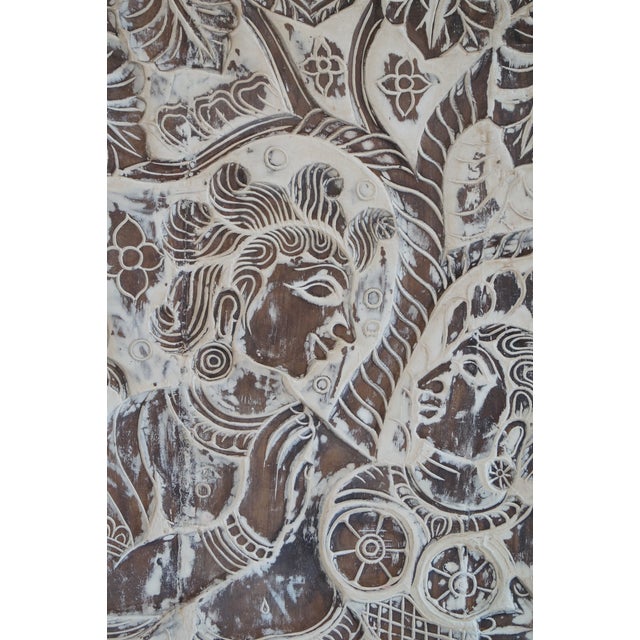 Mid-Century Modern Vintage Radha Krishna Wall Sculpture – Hand-Carved Whitewashed Indian Wood Wall Art 72x36 For Sale - Image 3 of 4