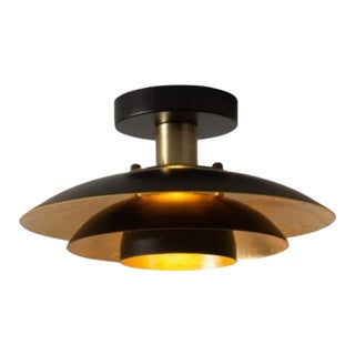 Nova of California Rancho Mirage Flush Mount Ceiling Light - Matte Black & Gold-Leaf Shade, Weathered Brass For Sale