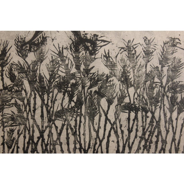 Modern Woodblock Print with a Cat and Birds in a Field For Sale - Image 4 of 7