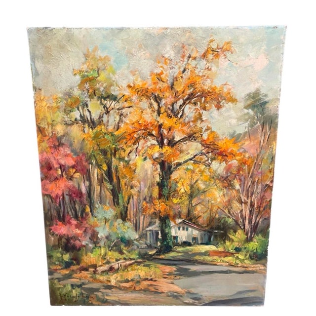 This vintage oil on canvas artwork captures a serene woodland scene rendered in a rich impressionistic style. The...