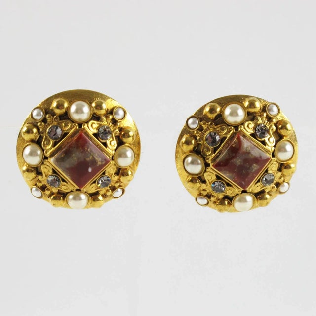 Modern Henry Perichon Gilt Metal Jeweled Pair of Clip Earrings For Sale - Image 3 of 6