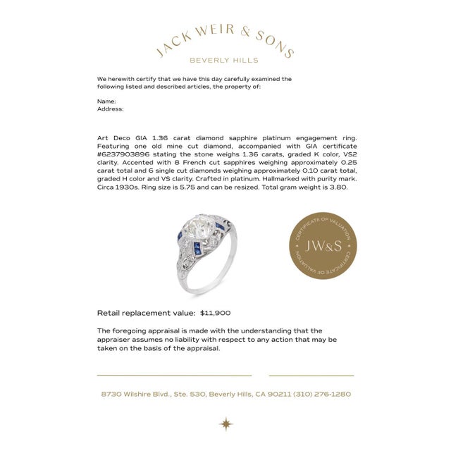Silver 1930s Art Deco Gia 1.36 Carat Diamond Sapphire Platinum Engagement Ring, Size 5.75 For Sale - Image 8 of 8