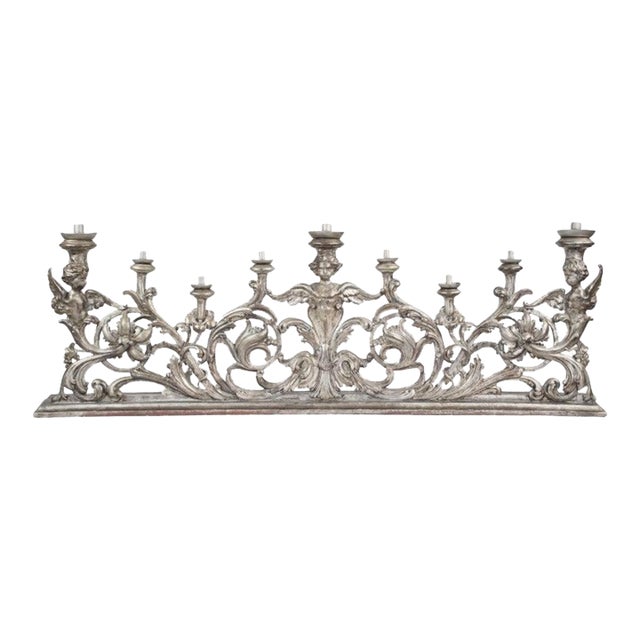 Large 19th Century Italian Rococo Style Silver‑Leaf Carved Wood Altar Candelabra For Sale