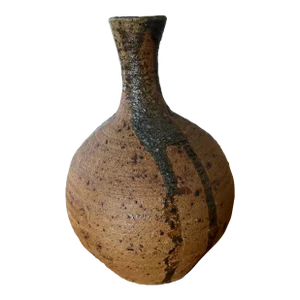 Late 20th Century Handmade Small Brown Beige Drip Glaze, Japanese Wabi Sabi Stoneware Bud Vase