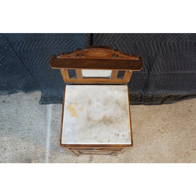 Antique Edwardian Walnut Neoclassical Inlaid Washstand Cabinet With Marble Top & Mirror For Sale - Image 4 of 18