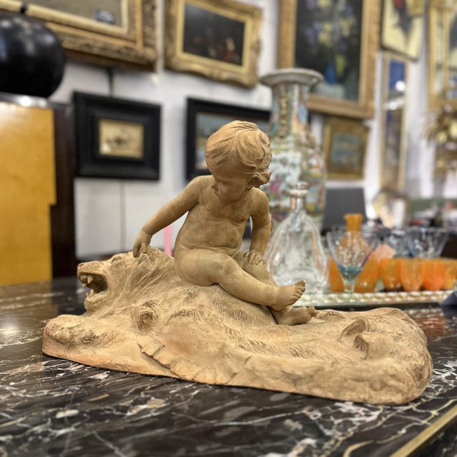 Léon Dufrène, Nude, Putto on a Lion's Skin, 1900s, Terracotta For Sale - Image 3 of 18