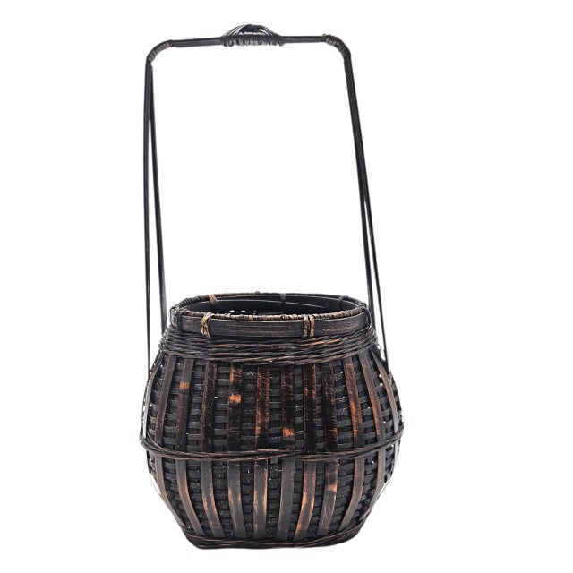 VTG Rattan Ikebana Woven Basket Style Handle Carrier Japanese Style 1980s 12" For Sale - Image 4 of 10