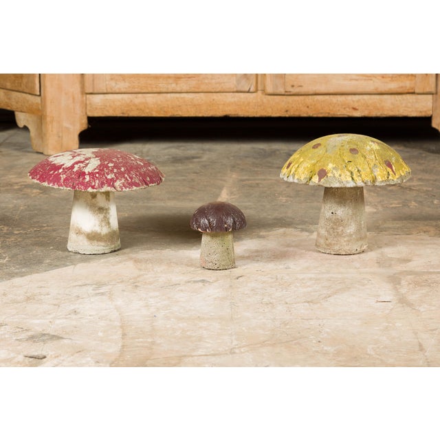 Paint Set of Three American Midcentury Painted Concrete Mushroom Garden Ornaments For Sale - Image 7 of 12