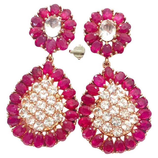 Gemstone Natural Ruby & White Sapphire "Bochic" Earrings Set In 18K Gold & Silver For Sale - Image 7 of 7