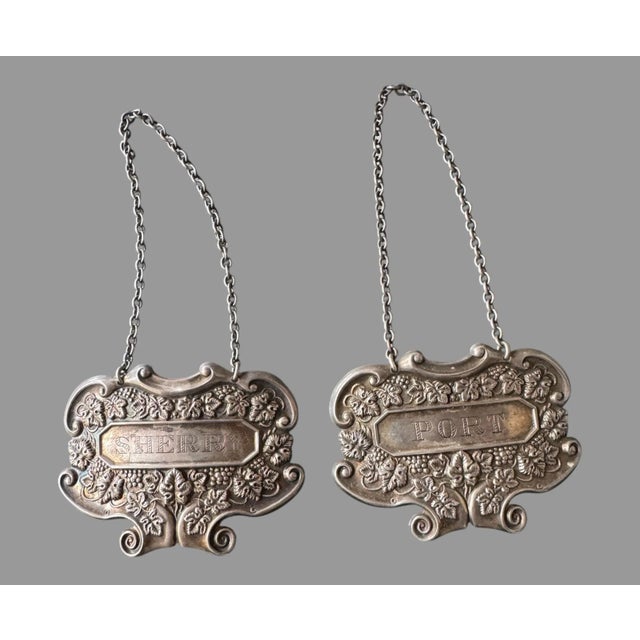 Antique Victorian Embossed Sterling Silver Port & Sherry Liquor Decanter Bottle Tags For Sale - Image 4 of 5