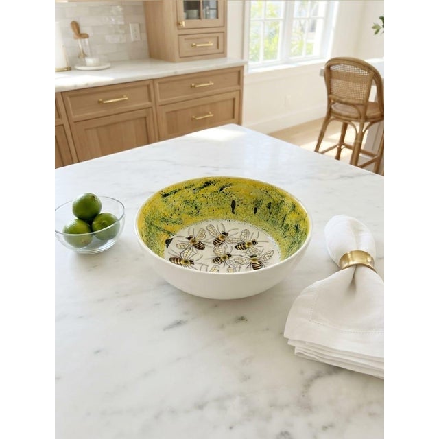 Vintage Hand-Painted Bee Motif Ceramic Bowl – Speckled Yellow Glaze Decorative Centerpiece Dish For Sale - Image 10 of 12