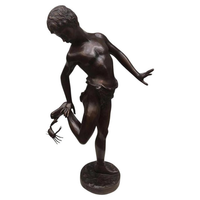 Italian Bronze Boy with Crab Figural Garden Sculpture For Sale - Image 12 of 12
