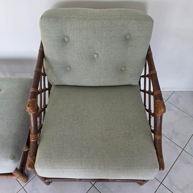 Brown Vintage Chinese Chippendale McGuire Style Bamboo Rattan Lounge Chair & Ottoman For Sale - Image 8 of 8