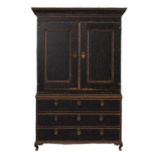 18th C. Swedish Gustavian Period Black Painted Linen Press Cabinet For Sale