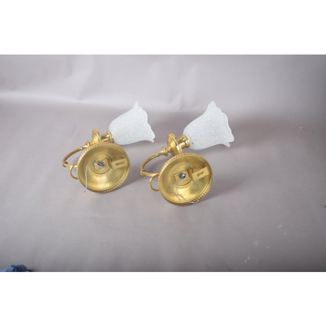 Gold Brass Wall Sconces with Frosted Textured Tulip Glass Shades, 1950s, Set of 2 For Sale - Image 8 of 15