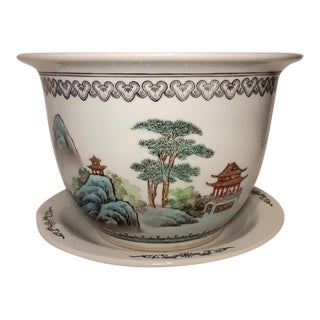 Mid 20th Century Chinese Porcelain Jardiniere Planter With Underplate For Sale