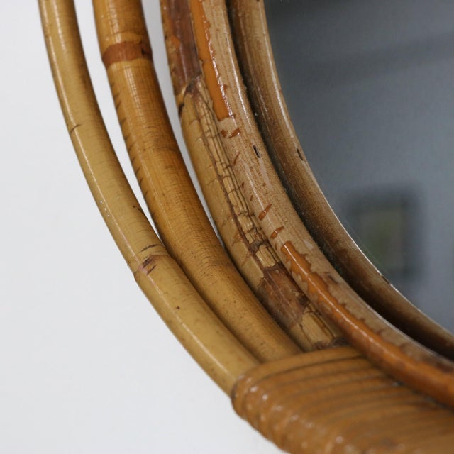 Vintage Round Wicker and Bamboo Mirror, 1970s, in Very Good conditions. Designed 1970 to 1979