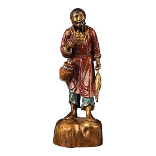 Late 19th Century Gilt Bronze Fisherman Statue, Hand-Painted Figurine, 550g For Sale