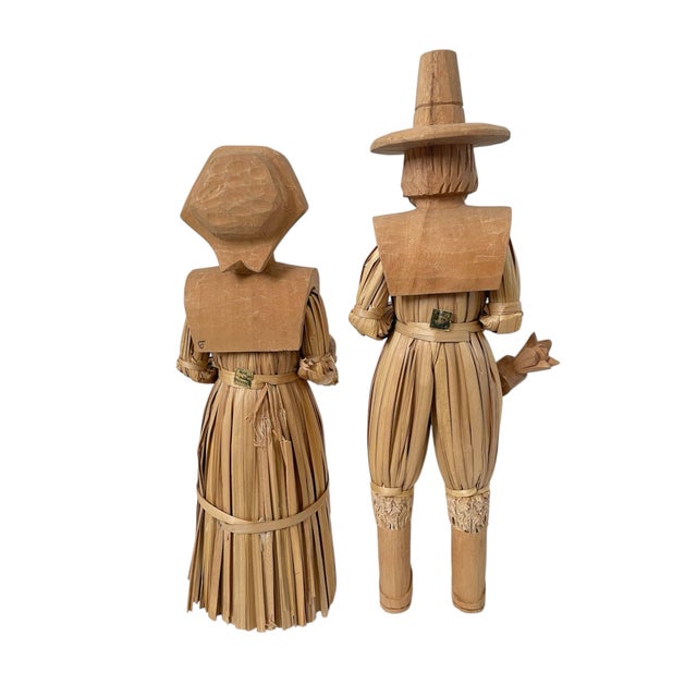 Vintage Thanksgiving Pilgrims Set of 2 Carved Corn Husk Figures 13 & 16" Tall Folk Art For Sale - Image 4 of 6