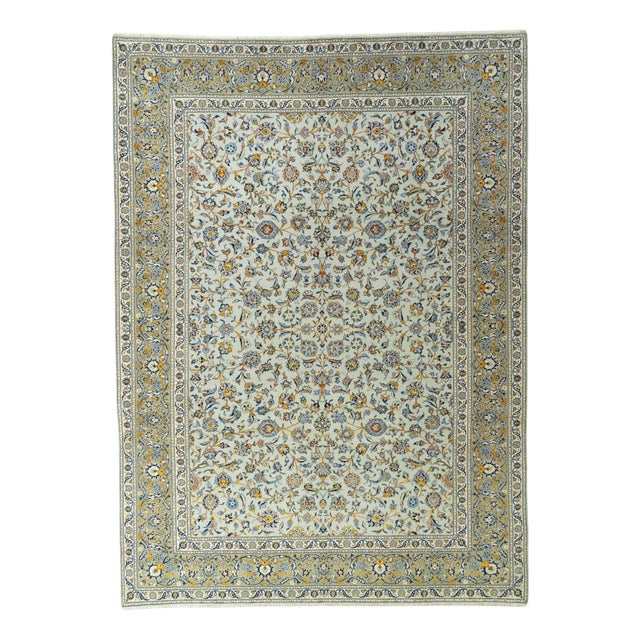 Hand-Knotted Kashan Oriental Rug in Pistachio Green with Floral Motifs For Sale