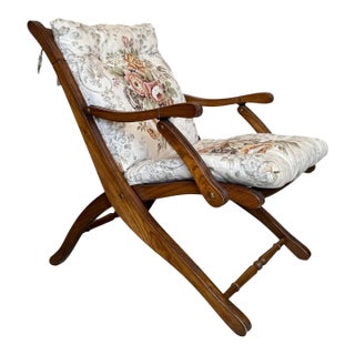 1930s French Wooden Folding Armchair With Upholstered Cushions For Sale
