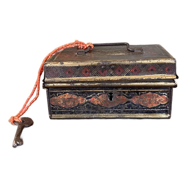 Likely Antique Toleware Painted Tin Lock Box With Key, 19th Century For Sale