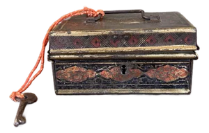 Likely Antique Toleware Painted Tin Lock Box With Key, 19th Century