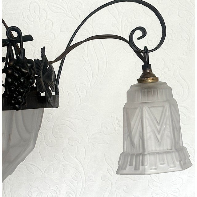 Antique French Art Nouveau Wrought Iron and Glass 4-Light Chandelier, 1930s For Sale - Image 14 of 14