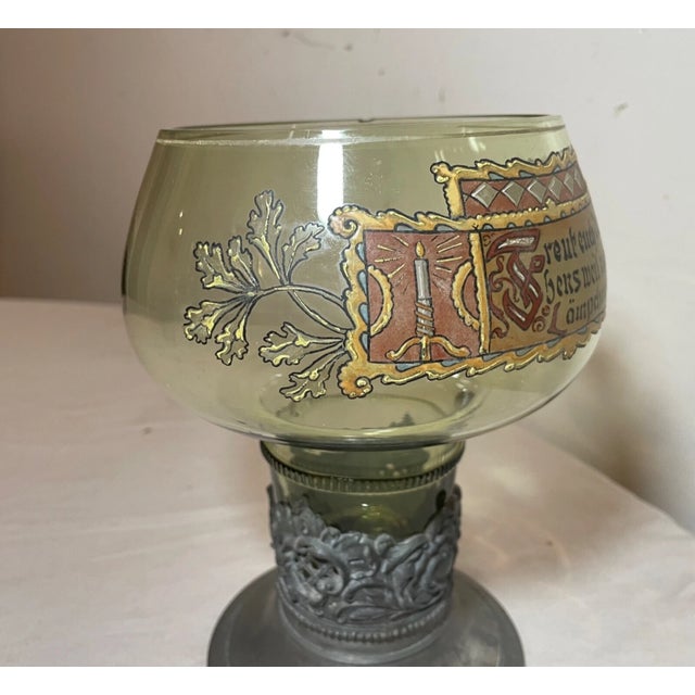 1920s Large Friedr. Van Hauten Enameled Hand Blown Glass Pewter Drinking Vessel Roemer For Sale - Image 4 of 13