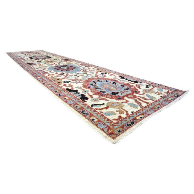 Islamic 21st Century Wool Afghan Sultanabad 3x12 Ivory, Red, & Blue Handmade Runner Rug #1143666 For Sale - Image 3 of 5